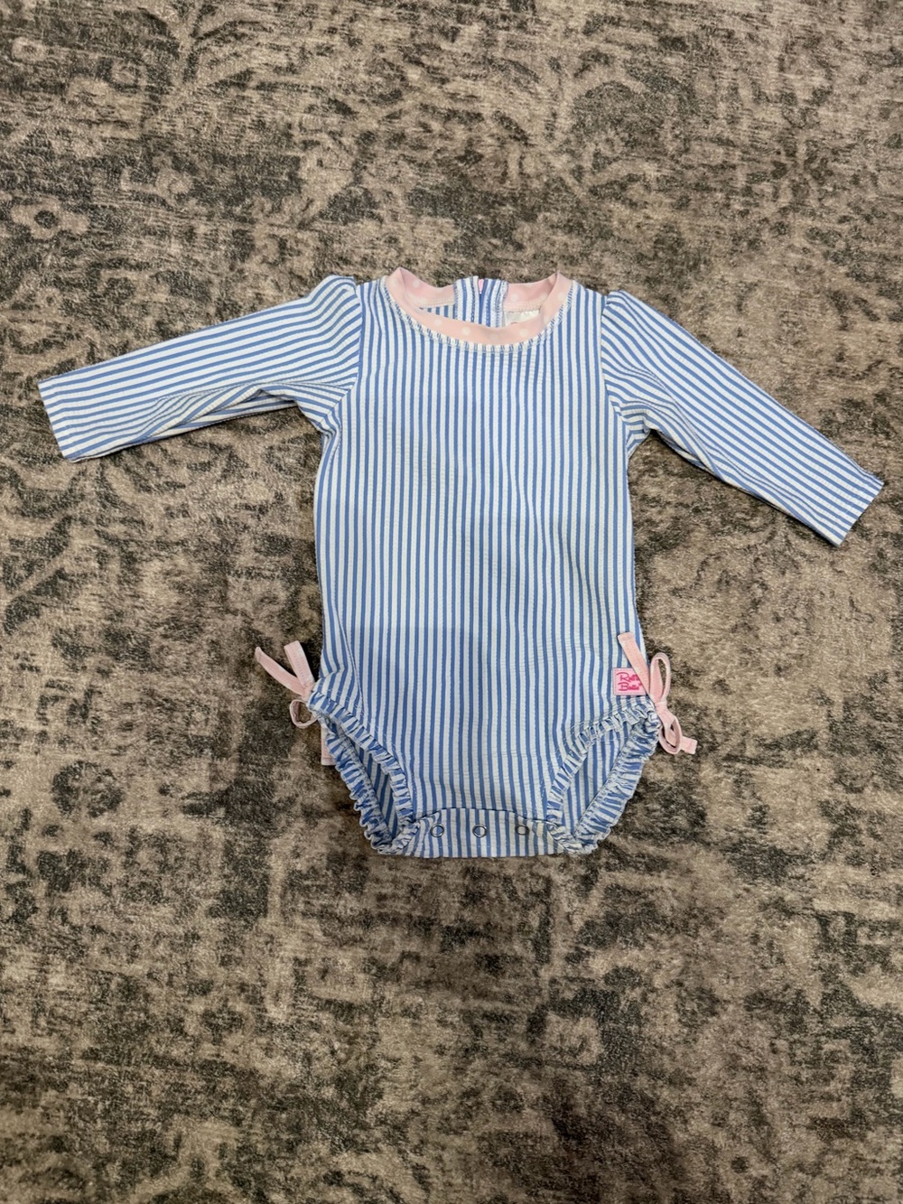 Ruffle Butts Blue and Pink Striped Long Sleeve Swim One-Piece Rashguard
